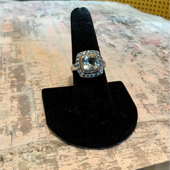 Stunning 10K Cushion-Cut Swiss Blue Topaz & Diamond Ring - Double Halo - Sz 6.75 - Picture 9 of 16